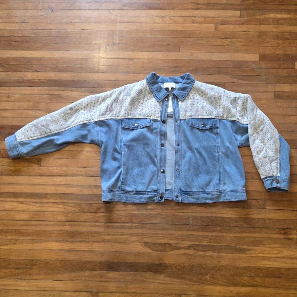 Anthropologie Mable Paisley Print Contrast Denim Jacket Snap Collared Blue M - Picture 2 of 11